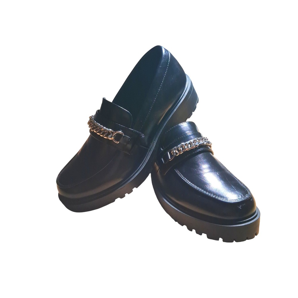 YETIER Black Platform Womens size 10 Slipon Round Toe Chunky Chain Loafer Shoes